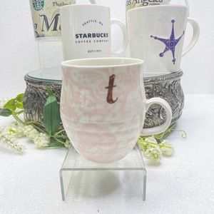 Anthropologie Homegrown Mug Monogram "T" Pink Floral Toile French Country